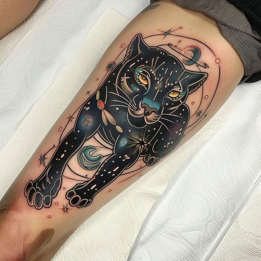 Surreal black panther tattoo with cosmic elements on white celestial background