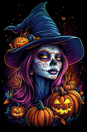 Woman with sugar skull makeup and witch hat surrounded by pumpkins