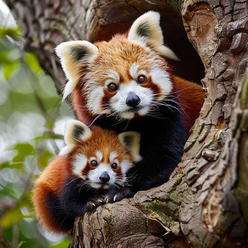 A red panda in a tree hole with baby red pandas.