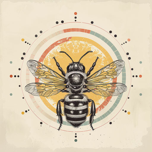 Playful sketch of a queen bee surrounded by colorful dots and stripes in whimsical clipart style
