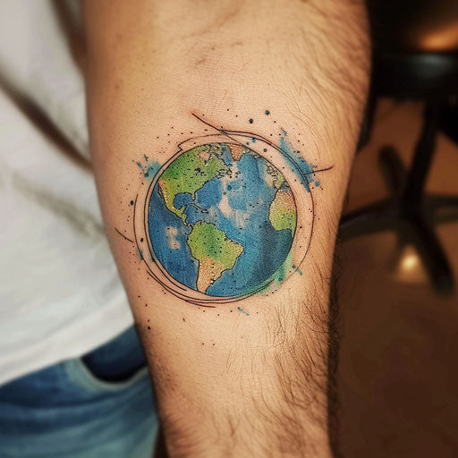 Watercolor effect in a flat tattoo sketch of Earth