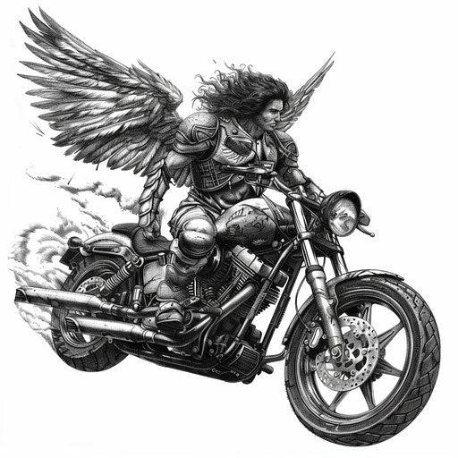 Archangel Michael in battle armor on battle motorcycle