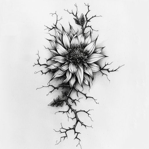 Gothic tattoo sketch of an aster flower with dark vines and thorns in black and grey