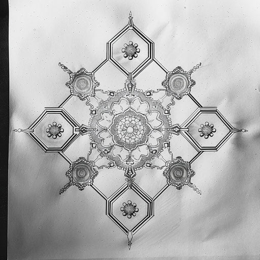 Vintage flat tattoo sketch of hexagons forming an intricate lace pattern