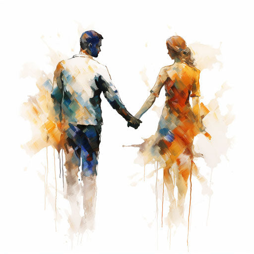 Illustration of people holding hands in the style of oil painting on white background