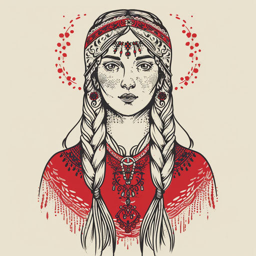 Exotic flat tattoo sketch of Freya adorned with traditional Sami patterns and attire