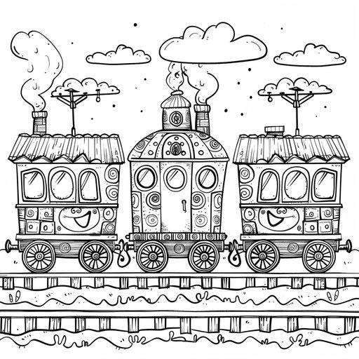 Whimsical cartoon train with happy faces