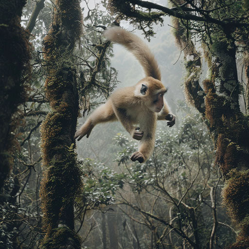 Yunnan snub-nosed monkey leaping gracefully among ancient moss-covered trees in foggy forest