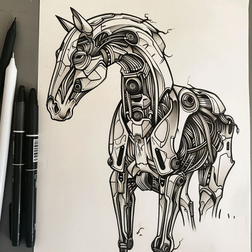 Flat sketch of a dark horse with cybernetic enhancements