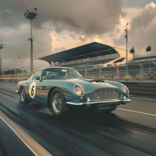 Aston Martin DB6 GT racing version with livery and numbering, fast on Le Mans track