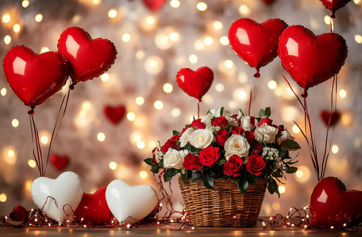 Enchanting Valentine's Day backdrop with heart-shaped balloons and roses