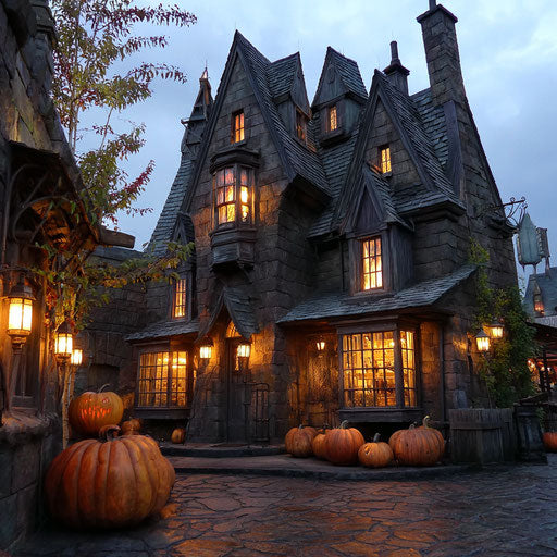 Gothic haunted house with glowing pumpkins