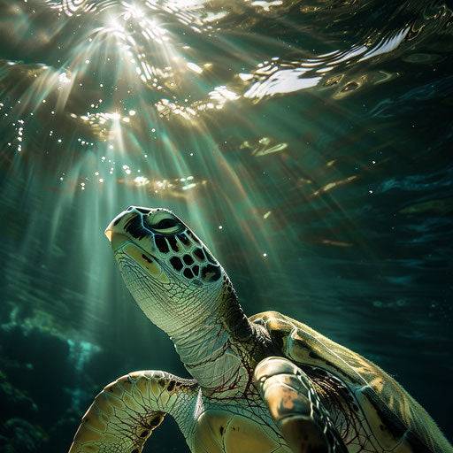 A green sea turtle's view looking up at the water's surface with sun rays forming a mosaic of light and shadow