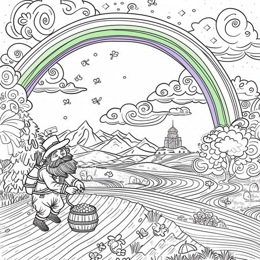 Rainbow with pot of gold and leprechaun. Coloring book page