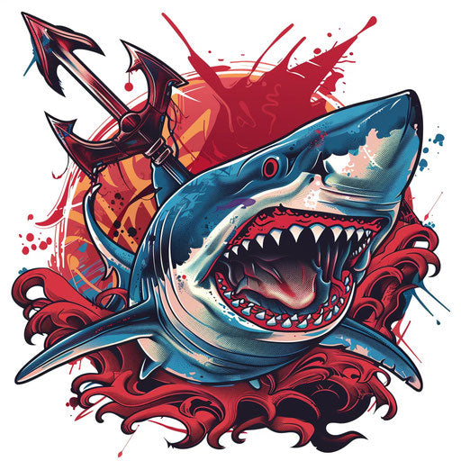 Nautical tattoo of shark and trident in energetic pop art