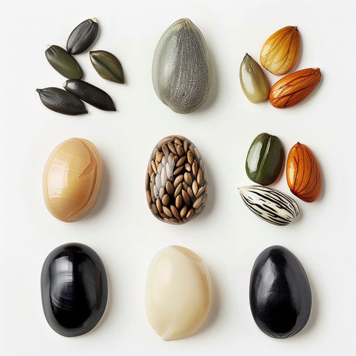 Illustration of seeds in a photorealistic style on white flat background