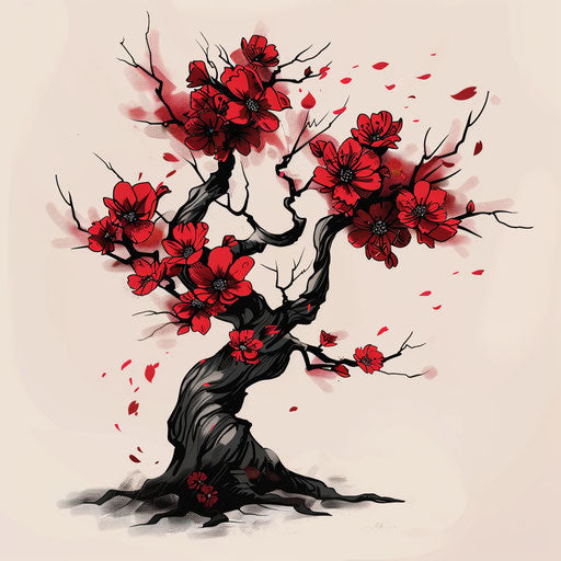 Stylized sketch of a cherry blossom tree with bold abstract blooms