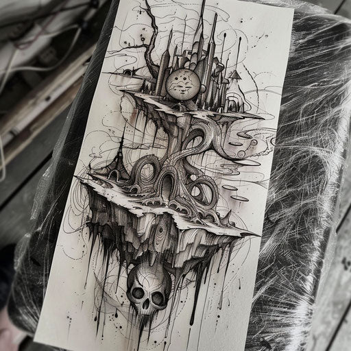 Vibrant flat tattoo sketch of a surreal dreamscape with floating islands