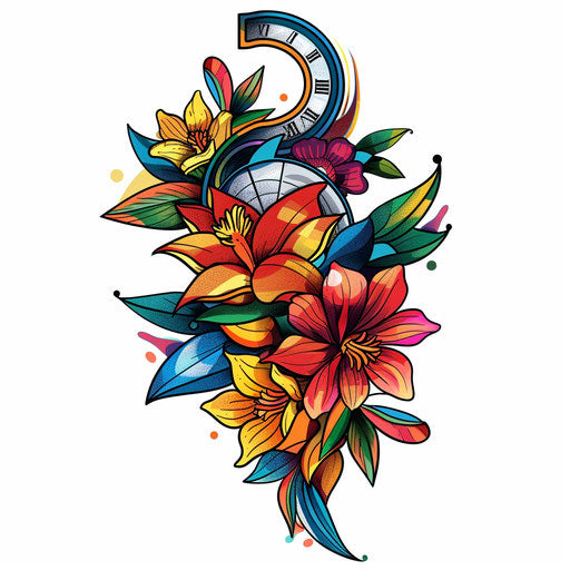 Colorful floral-accented sundial in flat tattoo style