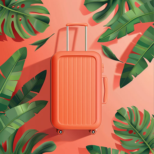 Photo realistic travel clipart on a flat, vibrant coral background