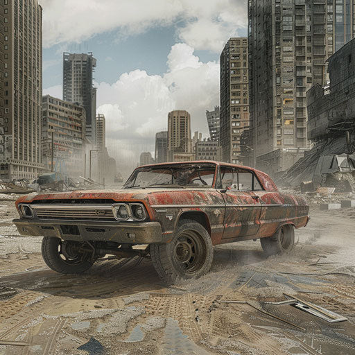 1967 Chevy Bel Air in apocalyptic urban landscape