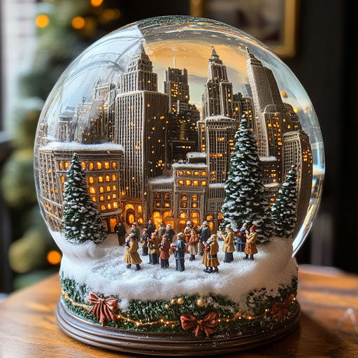 Busy city at Christmas in a snow globe