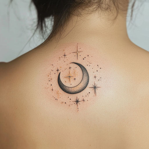 Flat tattoo sketch with crescent moon and stars