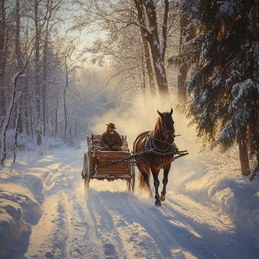 Nostalgic journey in the snow with horse and wooden cart