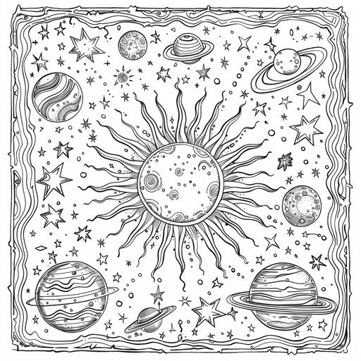 Cosmic scene with the sun surrounded by planets and stars. Coloring book page