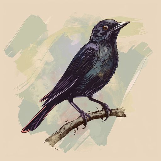 Flat tattoo sketch of blackbird perched on branch with pastel background