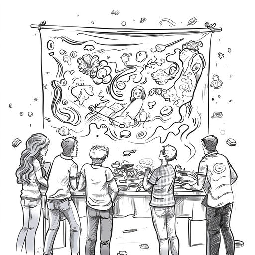 Friends painting a large banner together. Coloring book page