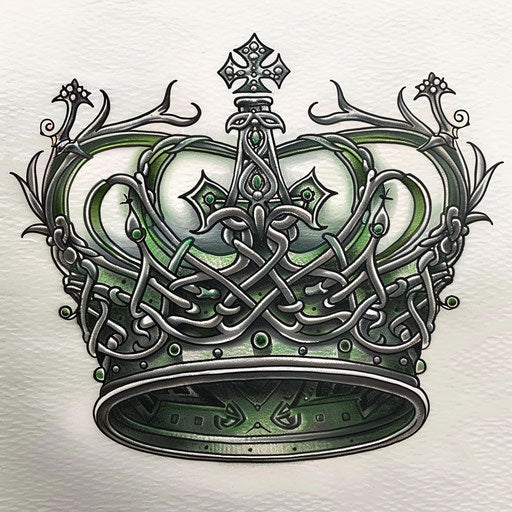 Queen crown tattoo design in Celtic style with knotwork and green accents