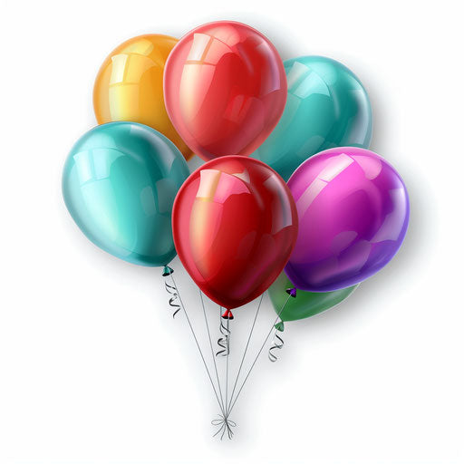 Birthday balloons clipart with photo realistic style, dynamic shadows and vibrant highlights