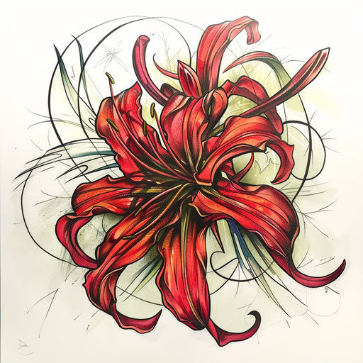 Surreal tattoo sketch of a red spider lily morphing into fantastical shapes, in bold colors