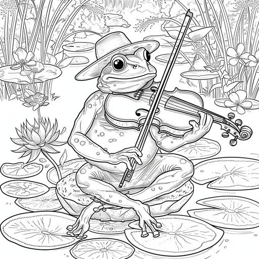 A whimsical scene of a frog playing a violin on a lily pad.