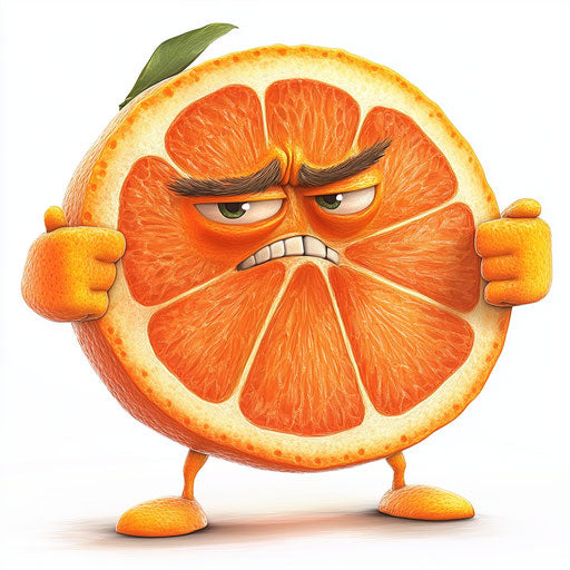 Humorous caricature of an orange slice with human characteristics