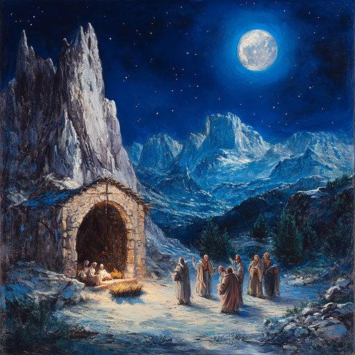 Shepherds arriving at the manger in the moonlight