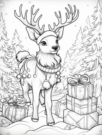A reindeer with gifts in the snow coloring page