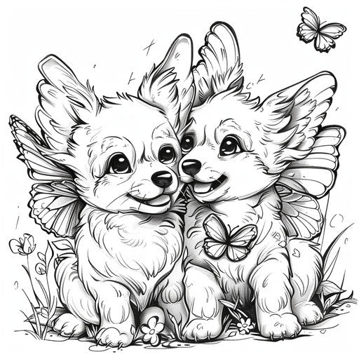 Puppies with butterfly wings in the style of Jen Bartel Coloring book page
