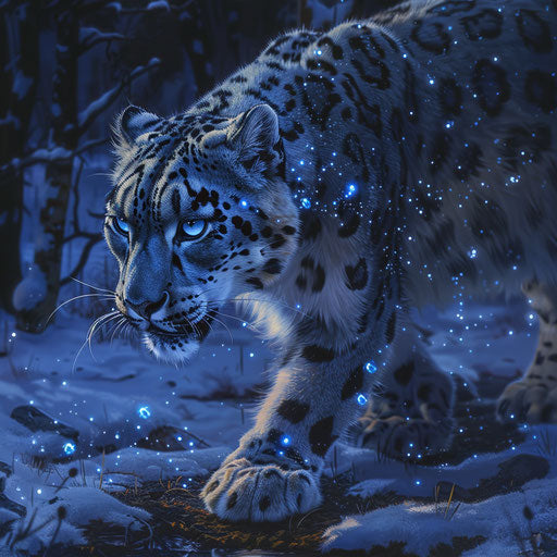 Snow leopard on midnight hunt, fur illuminated by bioluminescent insects