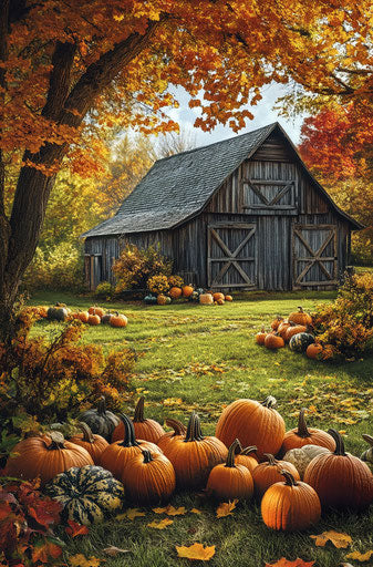 Autumnal charm with pumpkins and gourds by old barn