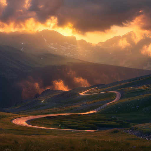 Pathway ridge road in golden hour, misty valleys