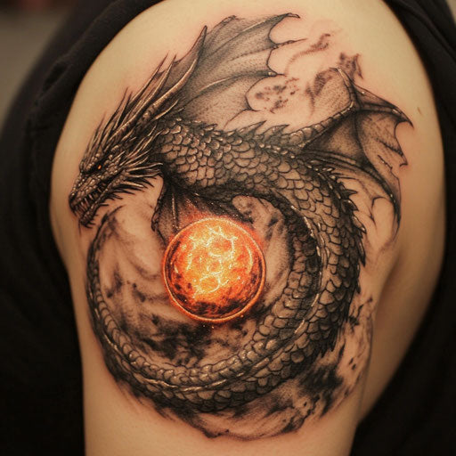 Dragon tattoos for men surrounding a glowing orb