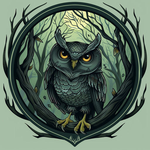 Chilling tattoo sketch of an owl with piercing eyes in a haunted forest