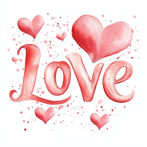 Love calligraphy with hearts in pink and red gradient