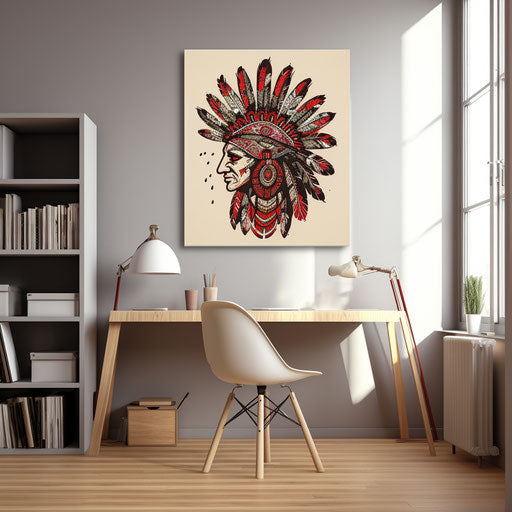 Indian headdress canvas print, classic tattoo style, dark red and light beige, quadratura, lightbox, colorful cartoon, shaped canvases, negative space emphasis