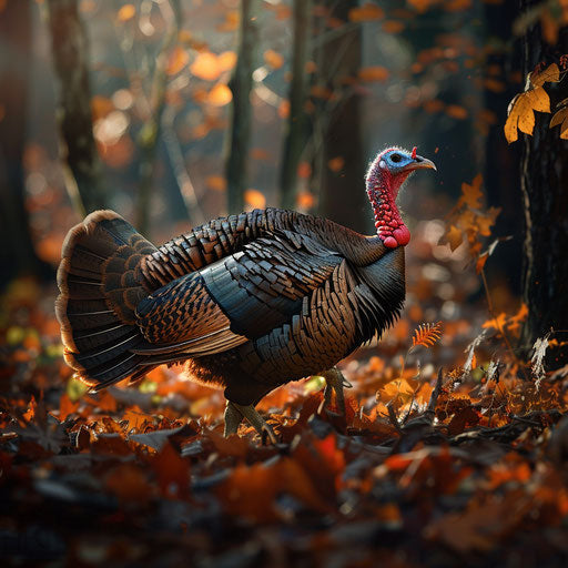 Wild turkey foraging among fallen autumn leaves