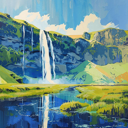 Stylized Icelandic waterfall in Ed Mell's style
