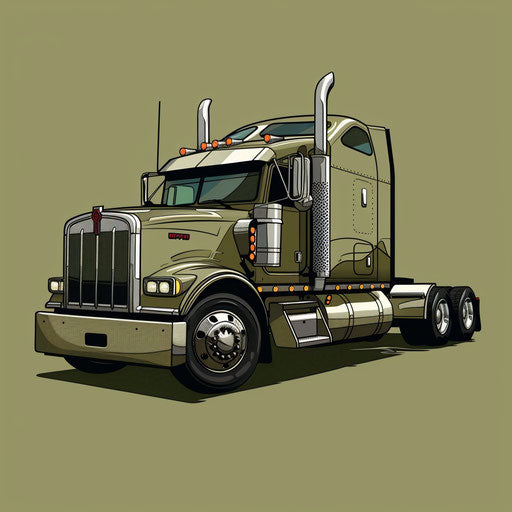 Realistic semi truck clipart on flat olive background