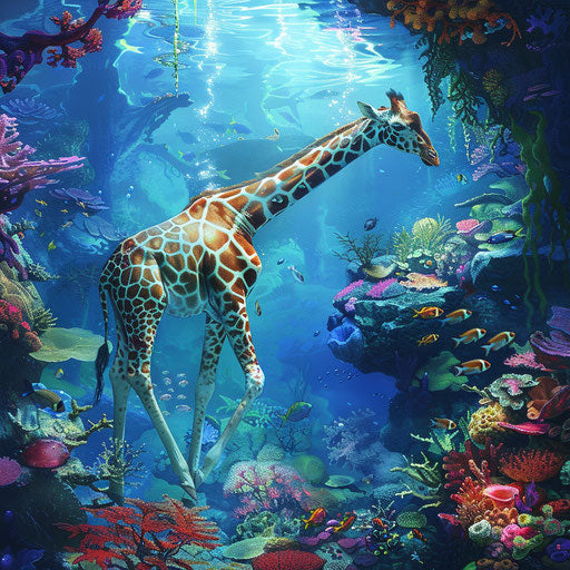 The underwater world of giraffes with fish tails swimming gracefully among coral reefs